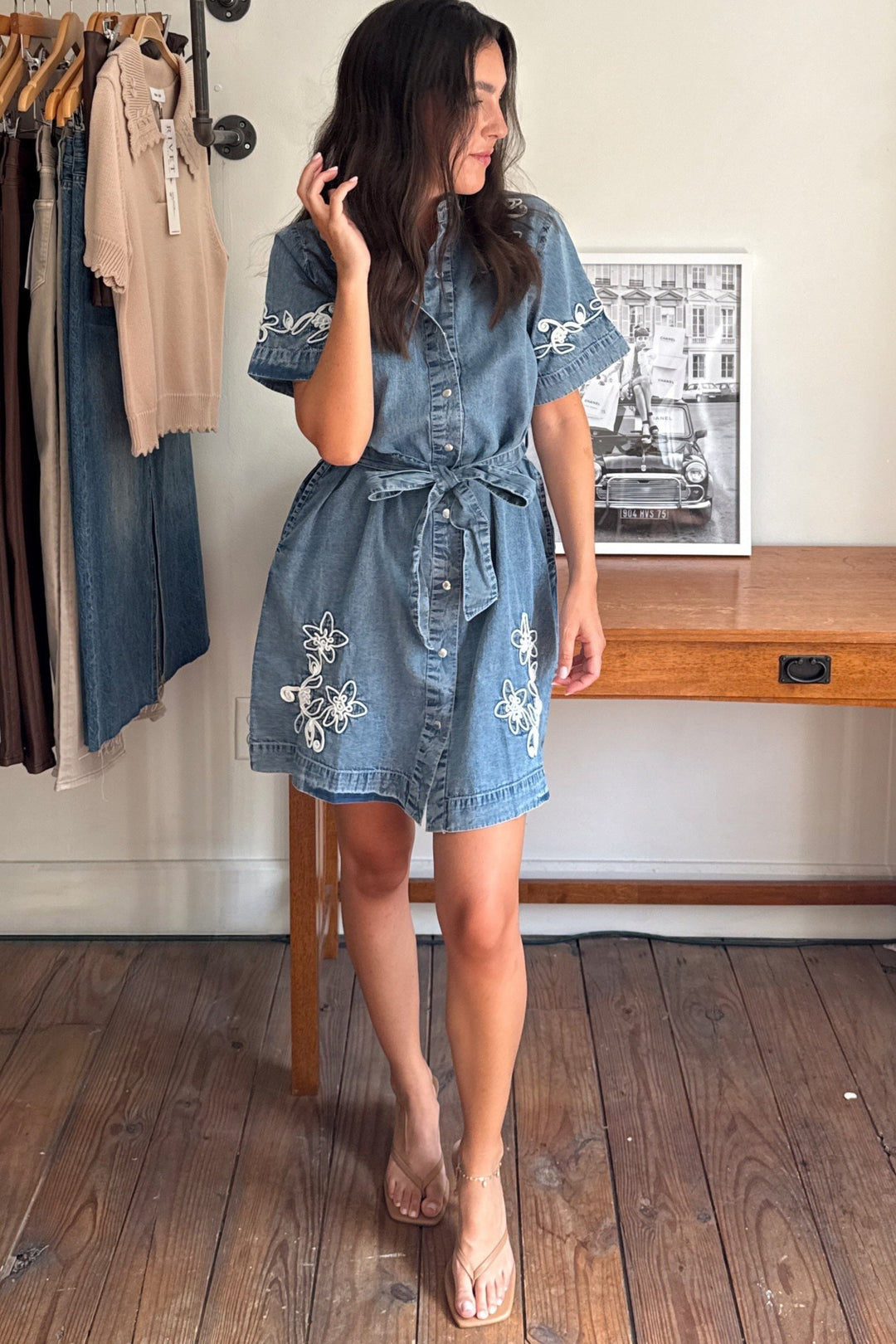 floral dress with denim shirt DENIM SHIRT DRESS WITH PINK FLOWERS S