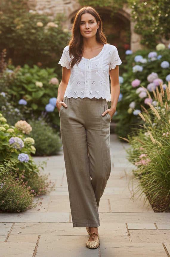 Christine Wide Leg Front Seam Linen Pant - Mocha