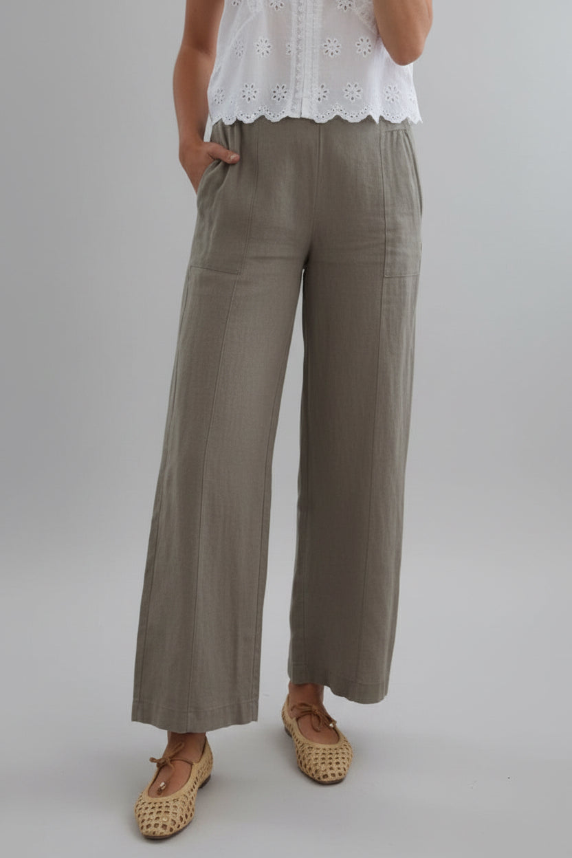 Christine Wide Leg Front Seam Linen Pant - Mocha