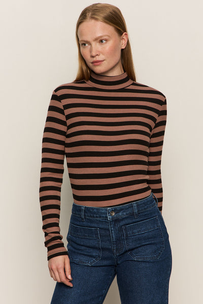 Long Sleeve Mock Essential - Mocha/Black Stripe
