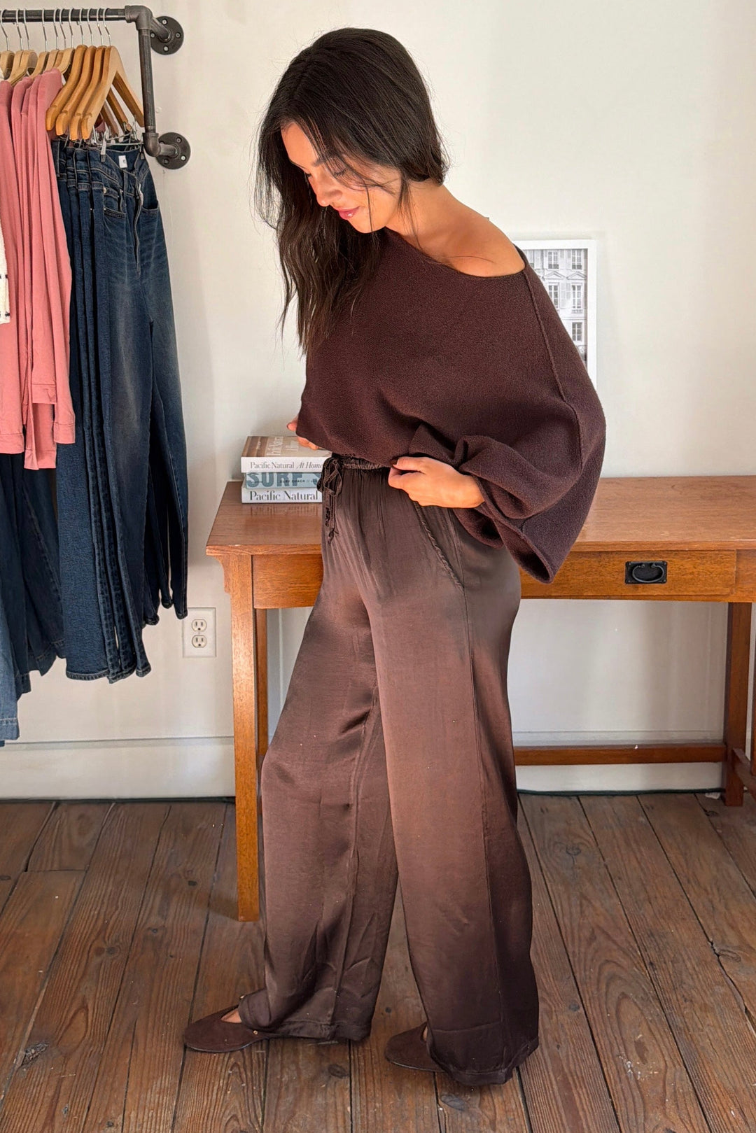 Chloe Silky Drawstring Pant - Chocolate Brown