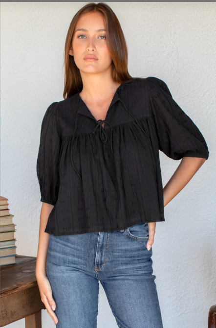 Puff Isla Top - Black Cotton Dobby Jaquard