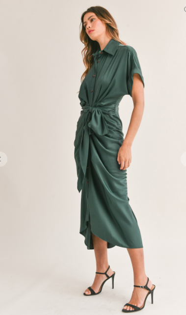 Ava Button Down Satin Dress - Emerald