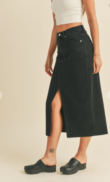 Isla Washed Denim Slit Skirt- Black