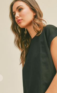 Round Neck Cuffed Sleeve Top - Black