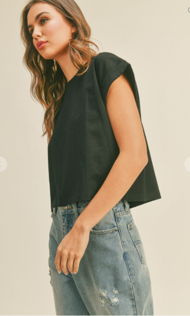 Round Neck Cuffed Sleeve Top - Black