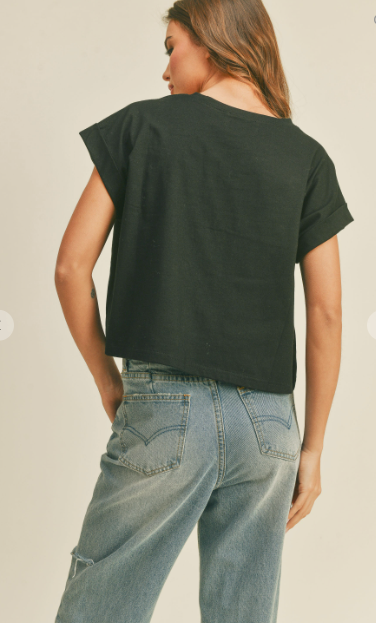 Round Neck Cuffed Sleeve Top - Black