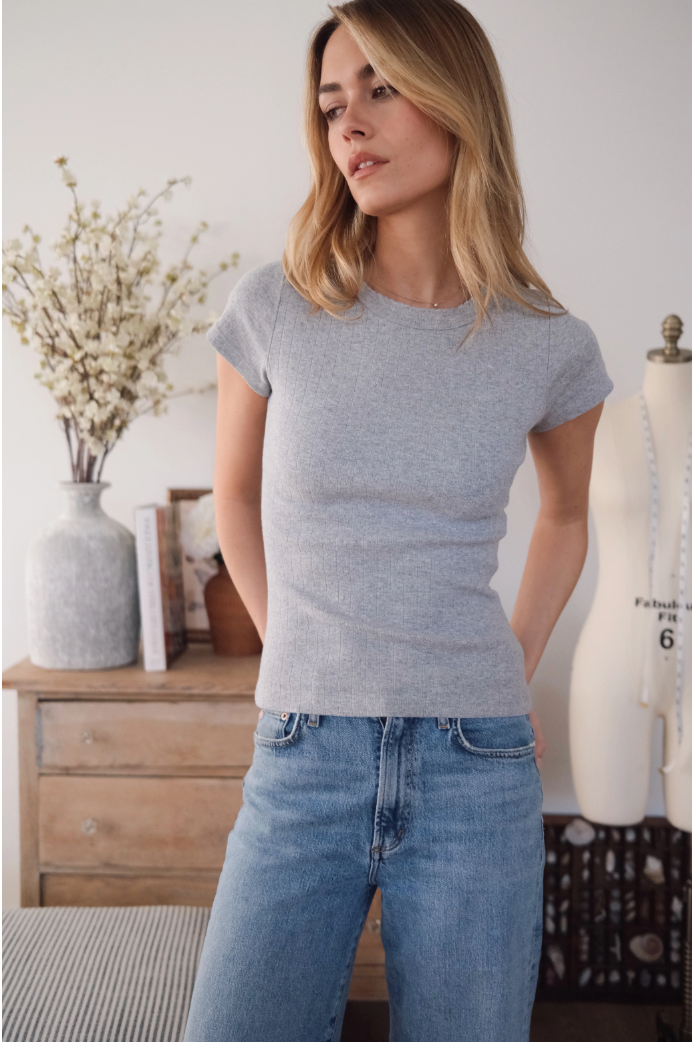 Pointelle Crewneck Tee - Grey