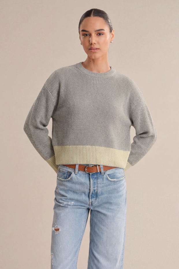 525 America Sienna Stripe Rib Pullover in Grey Pearl colorblock cotton sweater