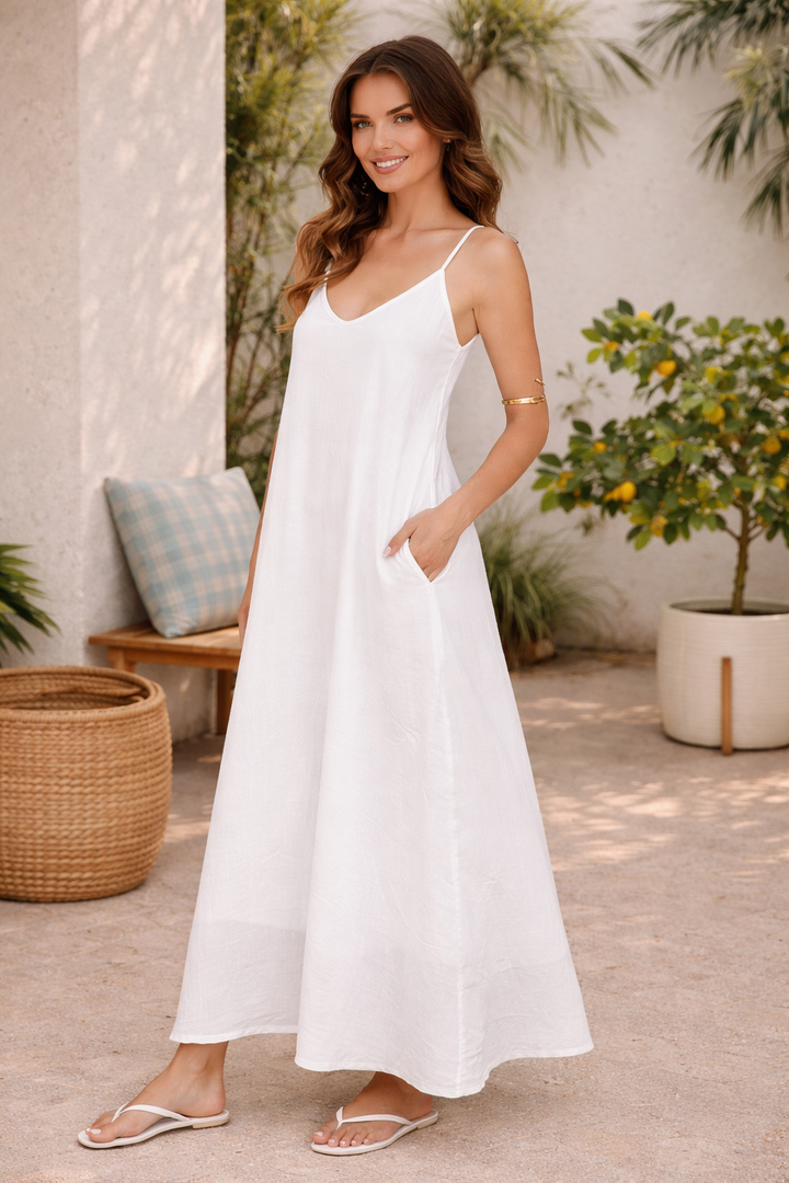 Pixie Spaghetti Strap Maxi with Pockets - White