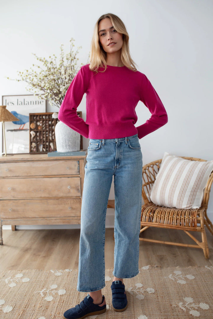Aria Puff Sleeve Cashmere Crew - Magenta