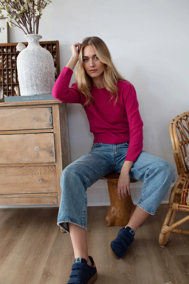 Aria Puff Sleeve Cashmere Crew - Magenta