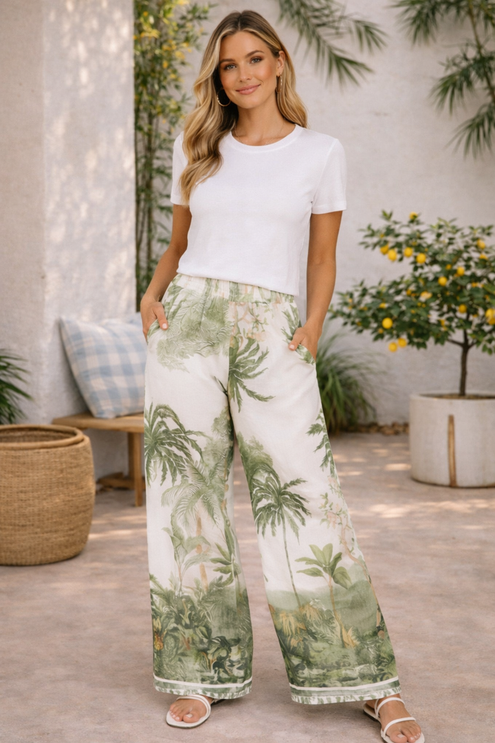 Lux Tropical Palm Wide Leg Linen Pant - Green