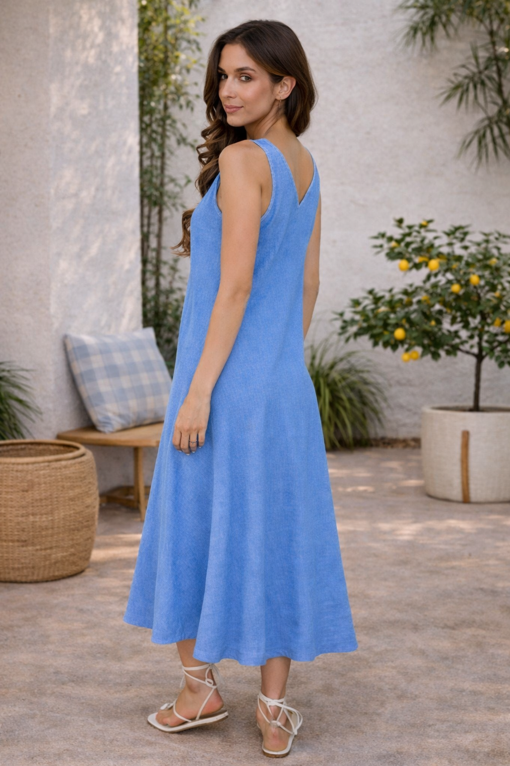 cerulean blue dress Princess Gown Teuta Matoshi Style with Andie Italian Linen V-Neck maxi
