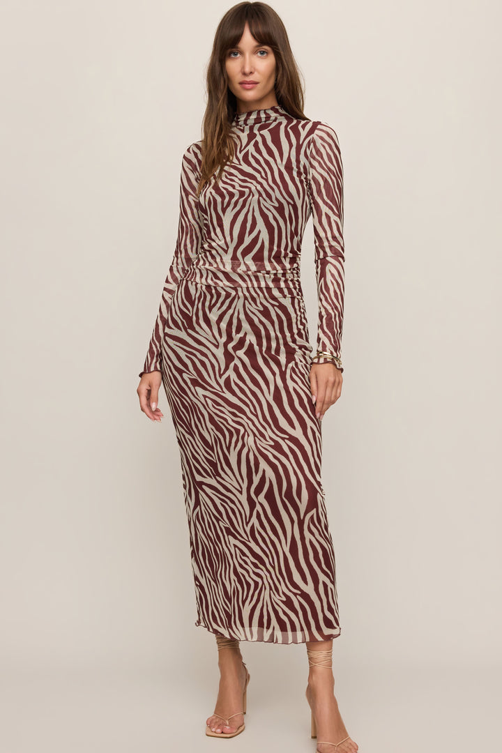 Sevilla Zebra Mesh Midi Dress in Velvet Rouge - front