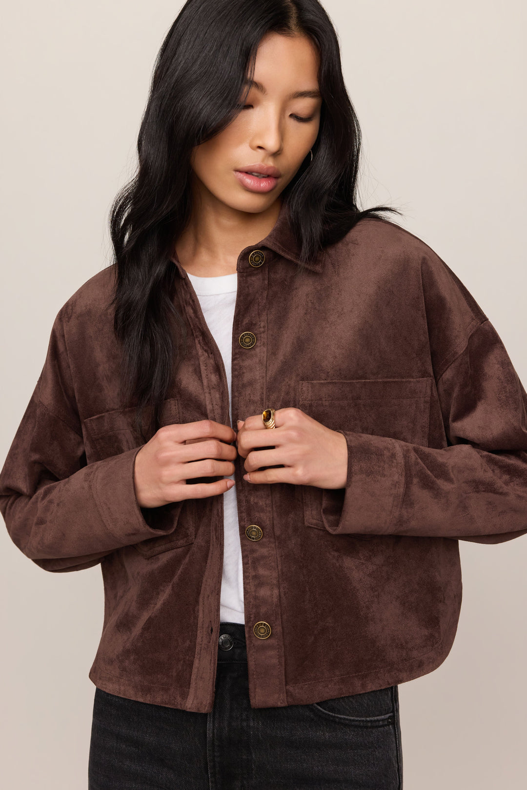 Z Supply All Day Cropped Suede Jacket in Dark Chocolate - detail