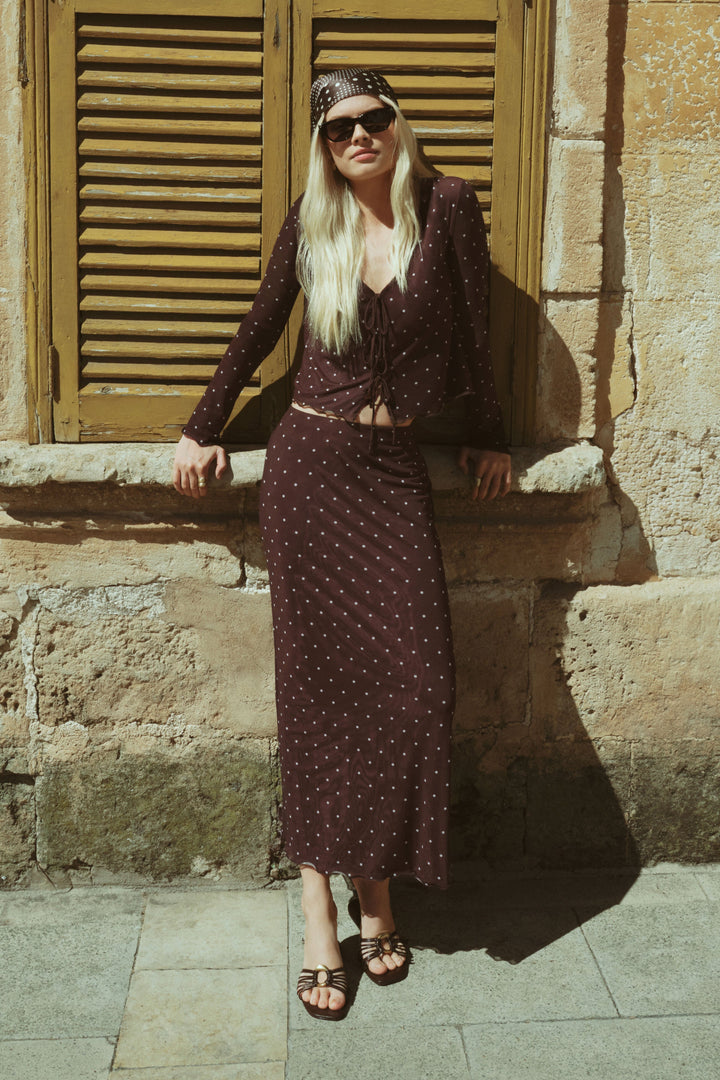Eda Polka Dot Mesh Midi Skirt - Dark Chocolate - Campaign