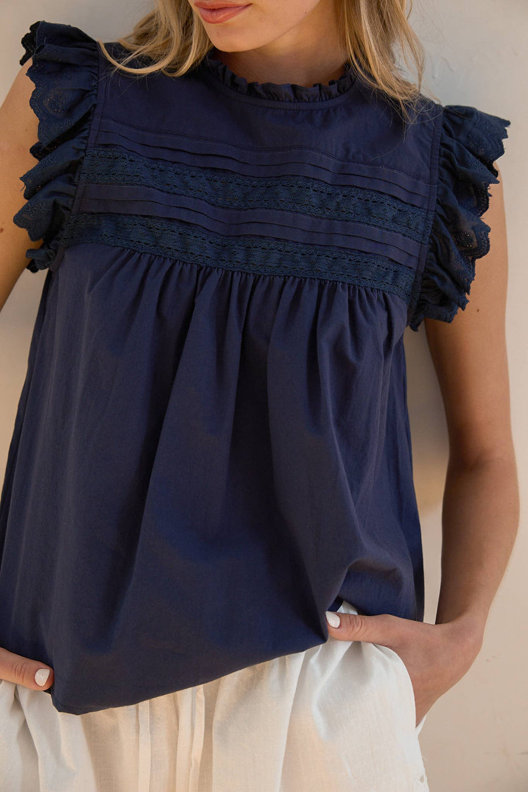 Lauren Lace Panel Blouse - Indigo Blue