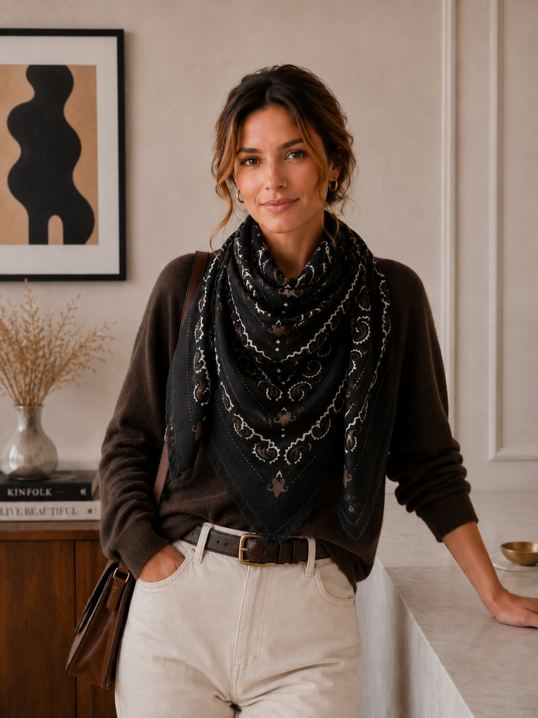 K21 Large Woolen Square Bandana: Khaki