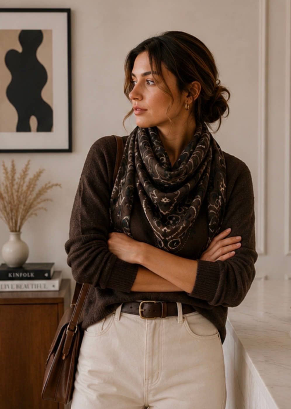 K21 Large Woolen Square Bandana: Khaki