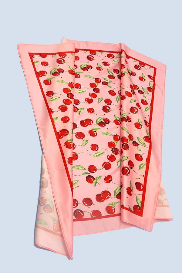 Cherry Print Silky Feel Bandana Scarf - Pink