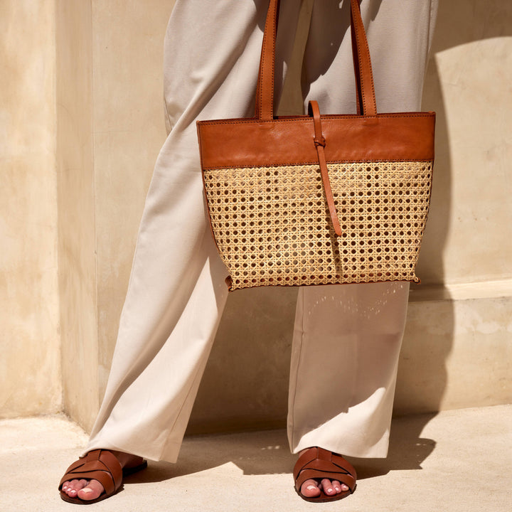 Rattan Cane Weave Tote Bag with Brown Leather Trim - Medium