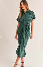 Ava Button Down Satin Dress - Emerald