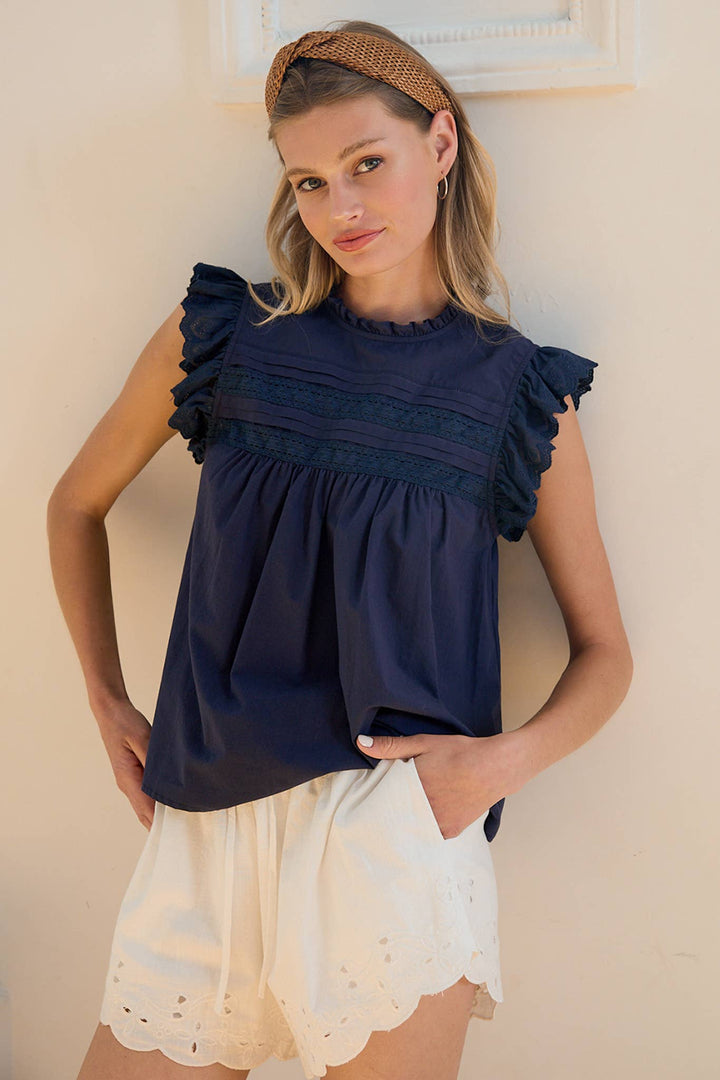 Lauren Lace Panel Blouse - Indigo Blue