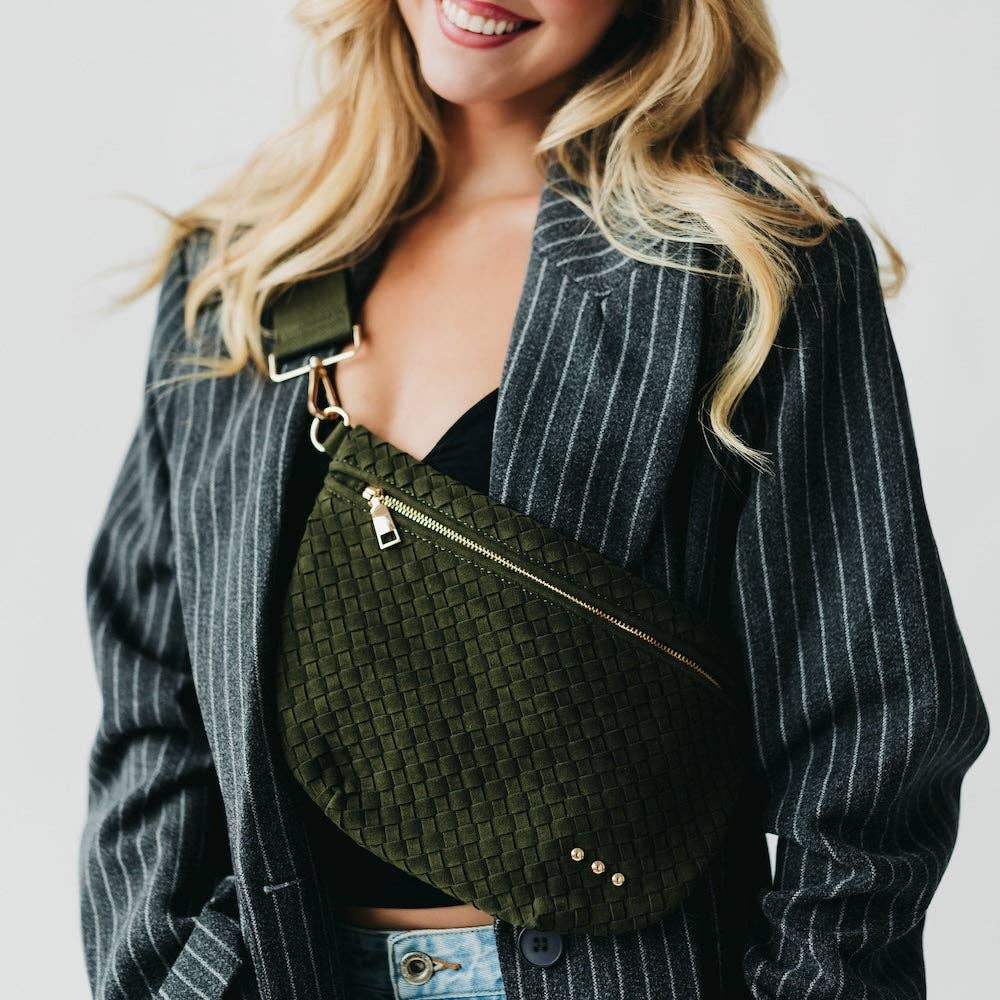 Keara Woven Crossbody Bag - Olive Suede