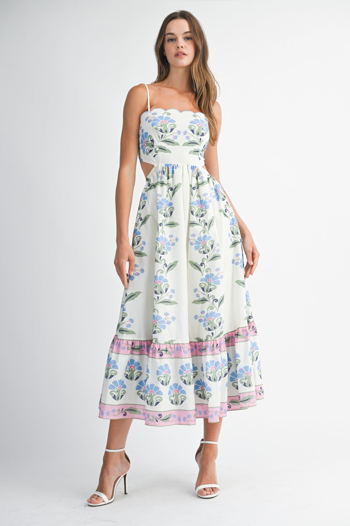 kelli floral embroidered midi dress Kelly Floral Print Embellished Midi Dress Blue