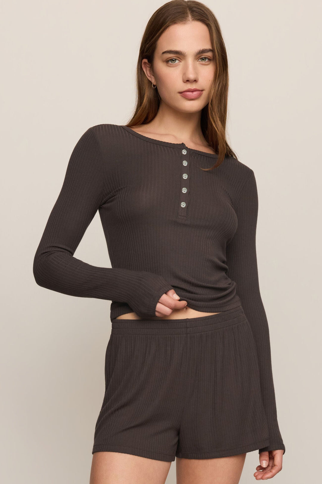 Just Right Rib LS Top - Cocoa Bean