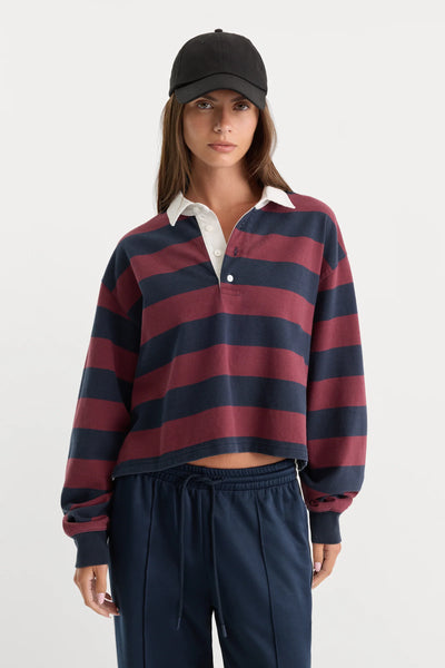 The Cropped Rugby Polo - Navy/Berry Stripe