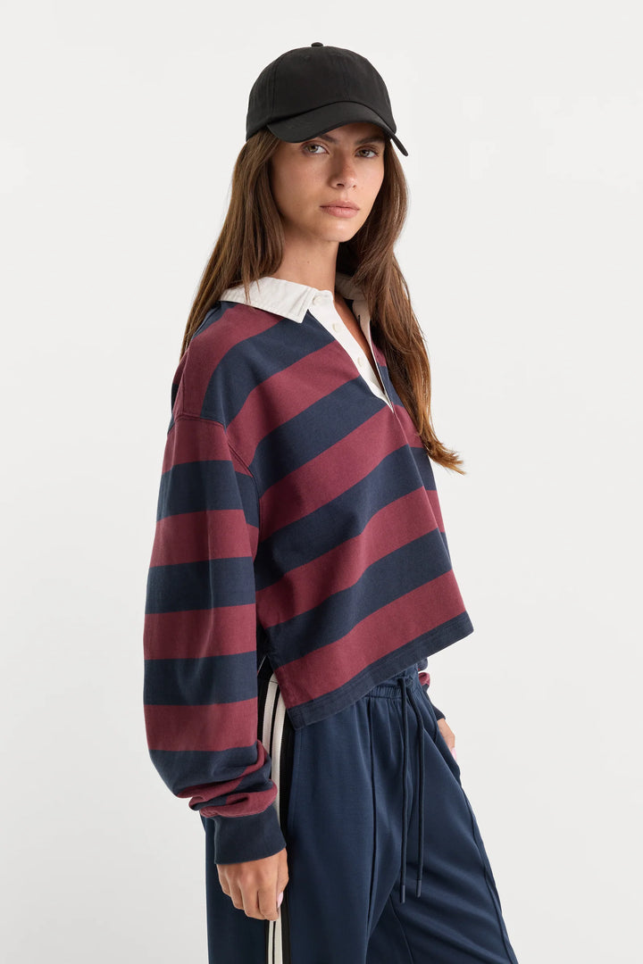 The Cropped Rugby Polo - Navy/Berry Stripe