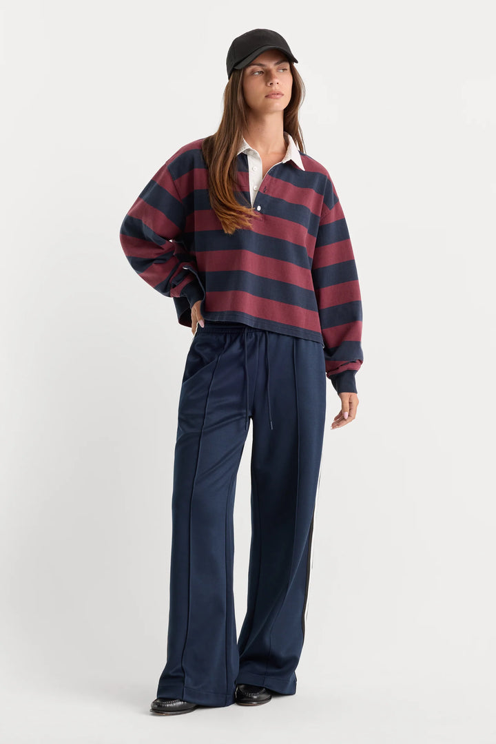 The Cropped Rugby Polo - Navy/Berry Stripe