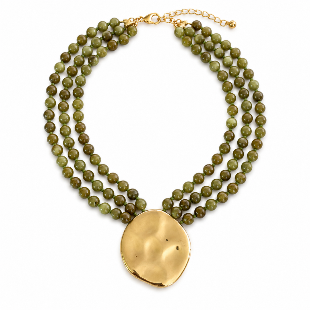 Gorgeously Draping Statement Beaded Necklace - 3 Row Marbled Beads: Olive