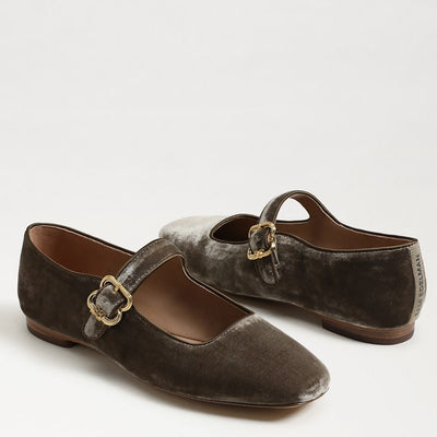 Michaela Mary Jane Flat in Dark Silver Sage velvet, buckle detail