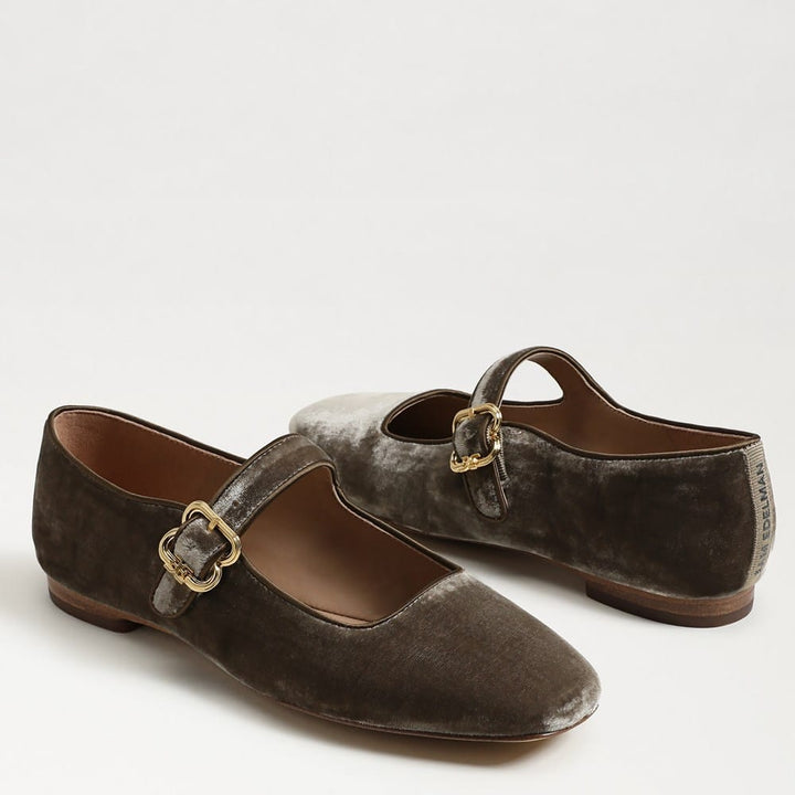 Michaela Mary Jane Flat in Dark Silver Sage velvet, buckle detail