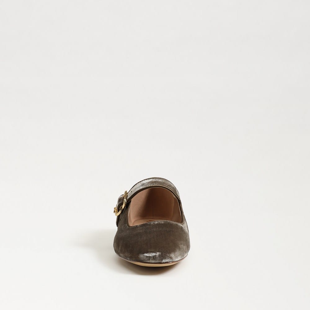 Michaela Mary Jane Flat in Dark Silver Sage velvet, front view