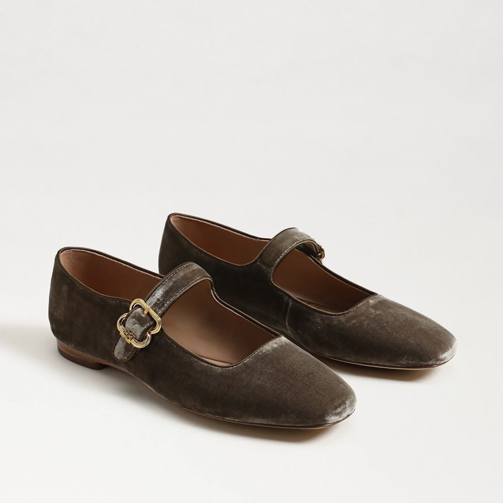 Michaela Mary Jane Flat in Dark Silver Sage velvet, pair