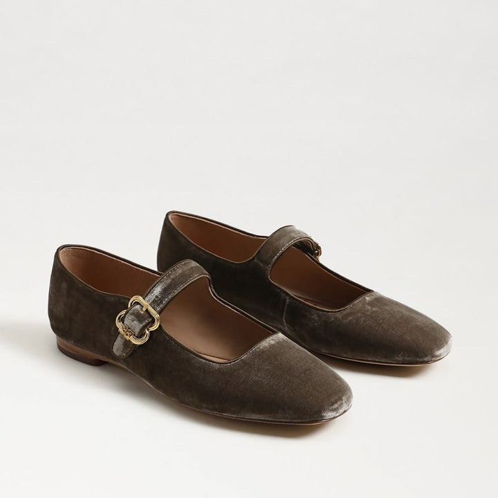 Michaela Mary Jane Flat in Dark Silver Sage velvet, pair