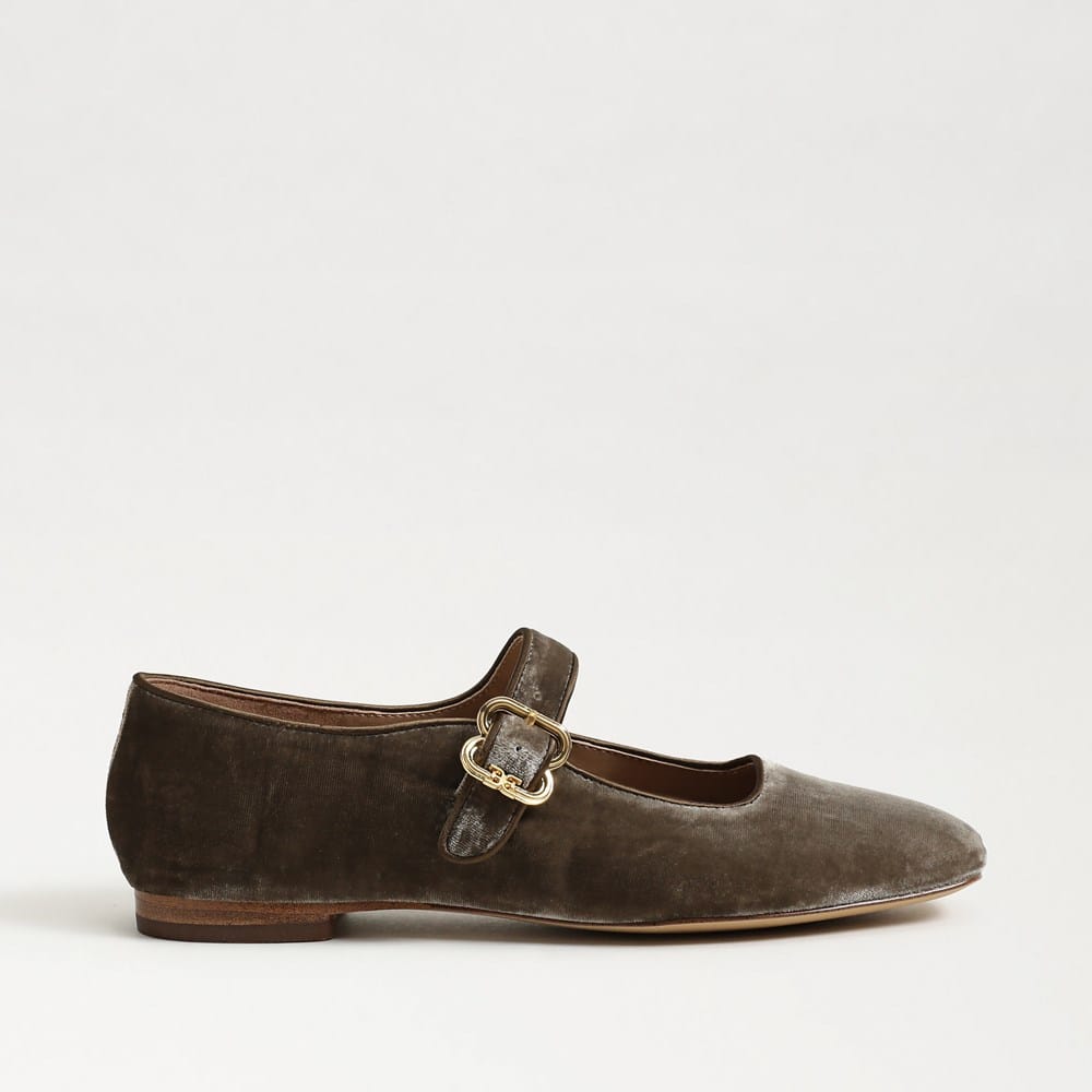 Michaela Mary Jane Flat in Dark Silver Sage velvet, side view