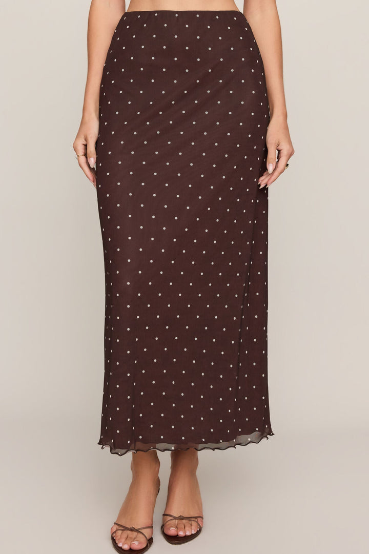 Eda Polka Dot Mesh Mid Skirt - Dark Chocolate