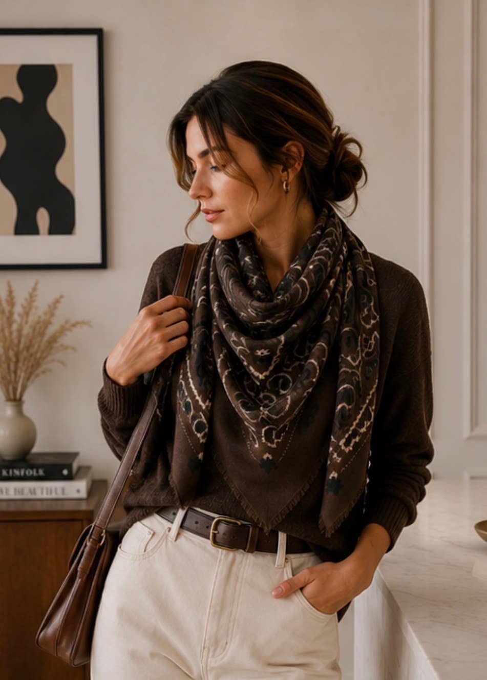 K21 Large Woolen Square Bandana: Khaki
