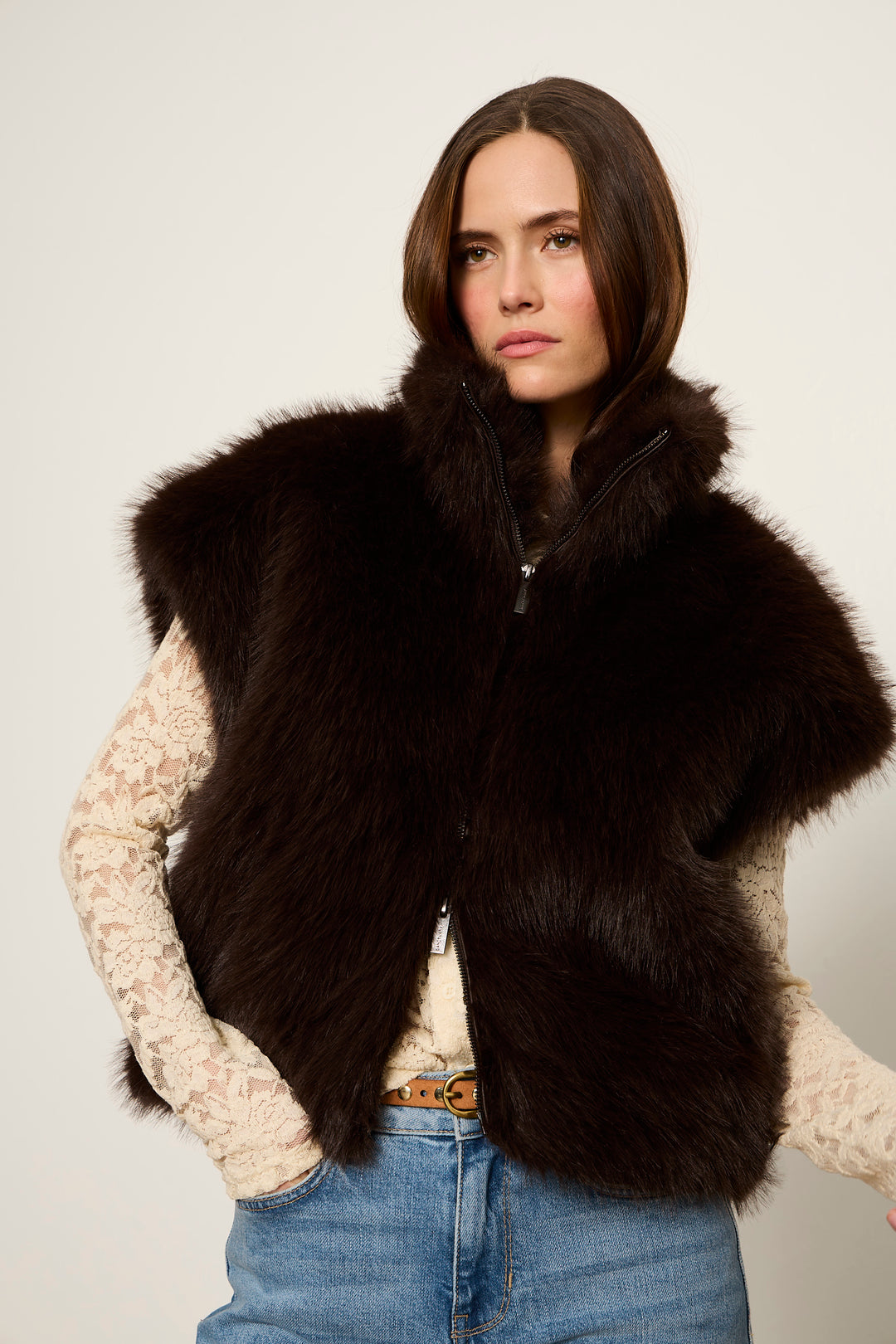 Sanctuary Silky Fur Vest in Espresso Martini brown faux fur with zip front