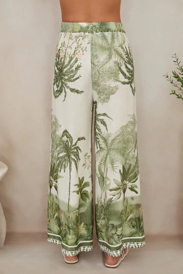 Lux Tropical Palm Wide Leg Linen Pant - Green