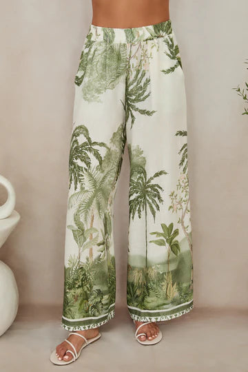 Lux Tropical Palm Wide Leg Linen Pant - Green