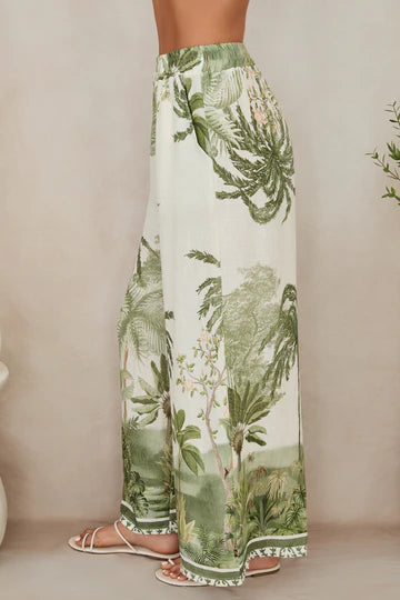 Lux Tropical Palm Wide Leg Linen Pant - Green