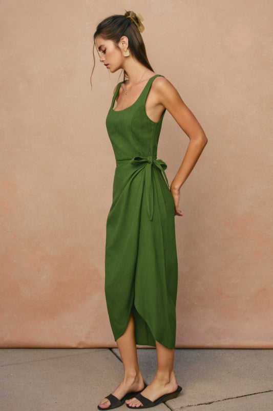 green midi wrap dress Silk Billowy Sleeve Midi Wrap Dress - Chartreuse Emerald