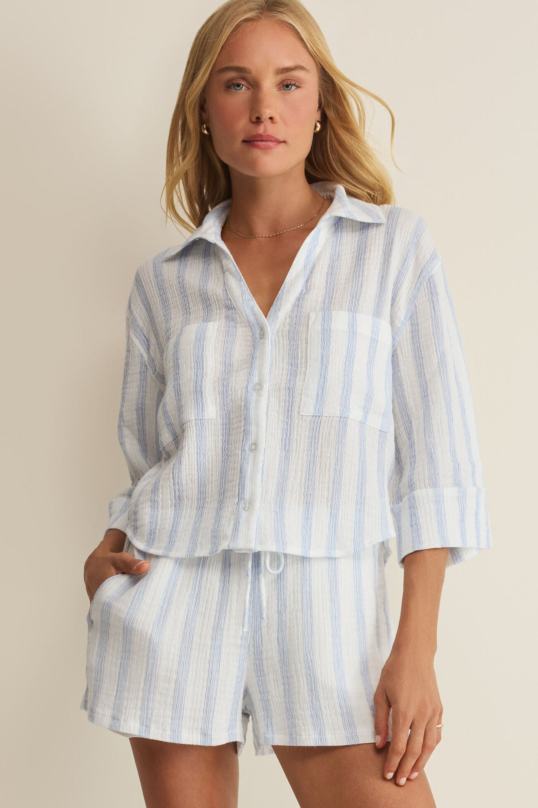 Helena Striped Airy Gauze Button Up- Sea Salt