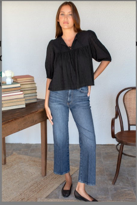 Puff Isla Top - Black Cotton Dobby Jaquard